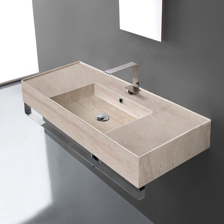 Scarabeo 5124-E-TB-One Hole Beige Travertine Design Ceramic Wall Mounted Sink With Counter Space, Towel Bar Included